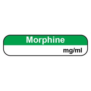 Label "Morphine mg / ml" Top: White Ink / Hunter Green, Bottom: Black Ink / White