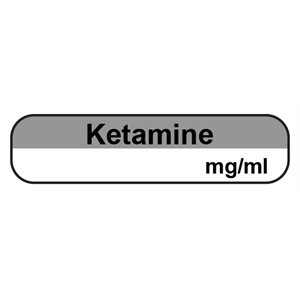Label "Ketamine mg / ml" Top: Black Ink / Grey, Bottom: Black Ink / White